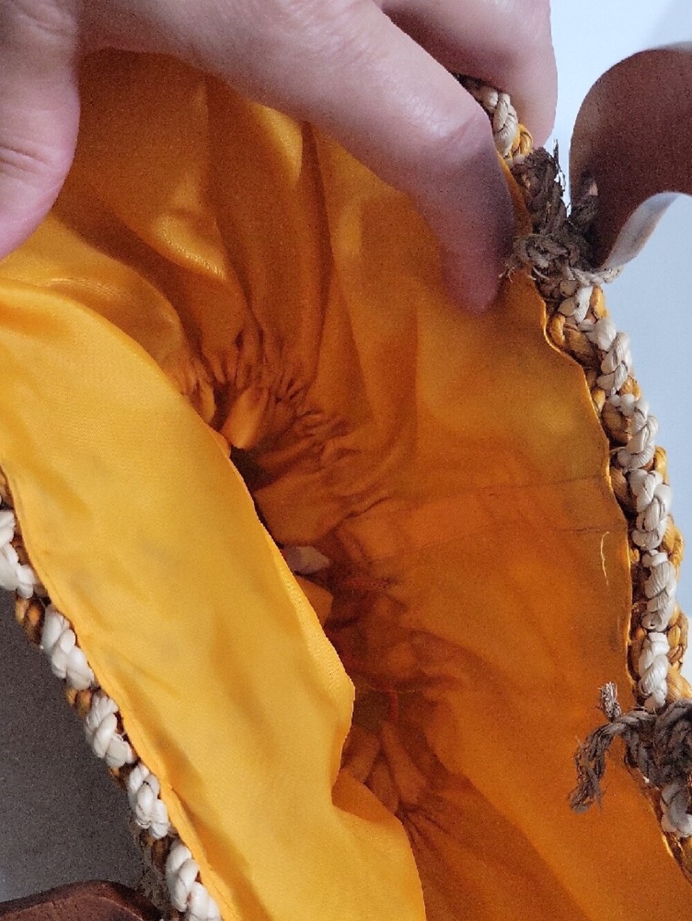 Handmade Woven Straw Tote Bag with Wooden Handles - Mustard Yellow - Picture 3 of 5